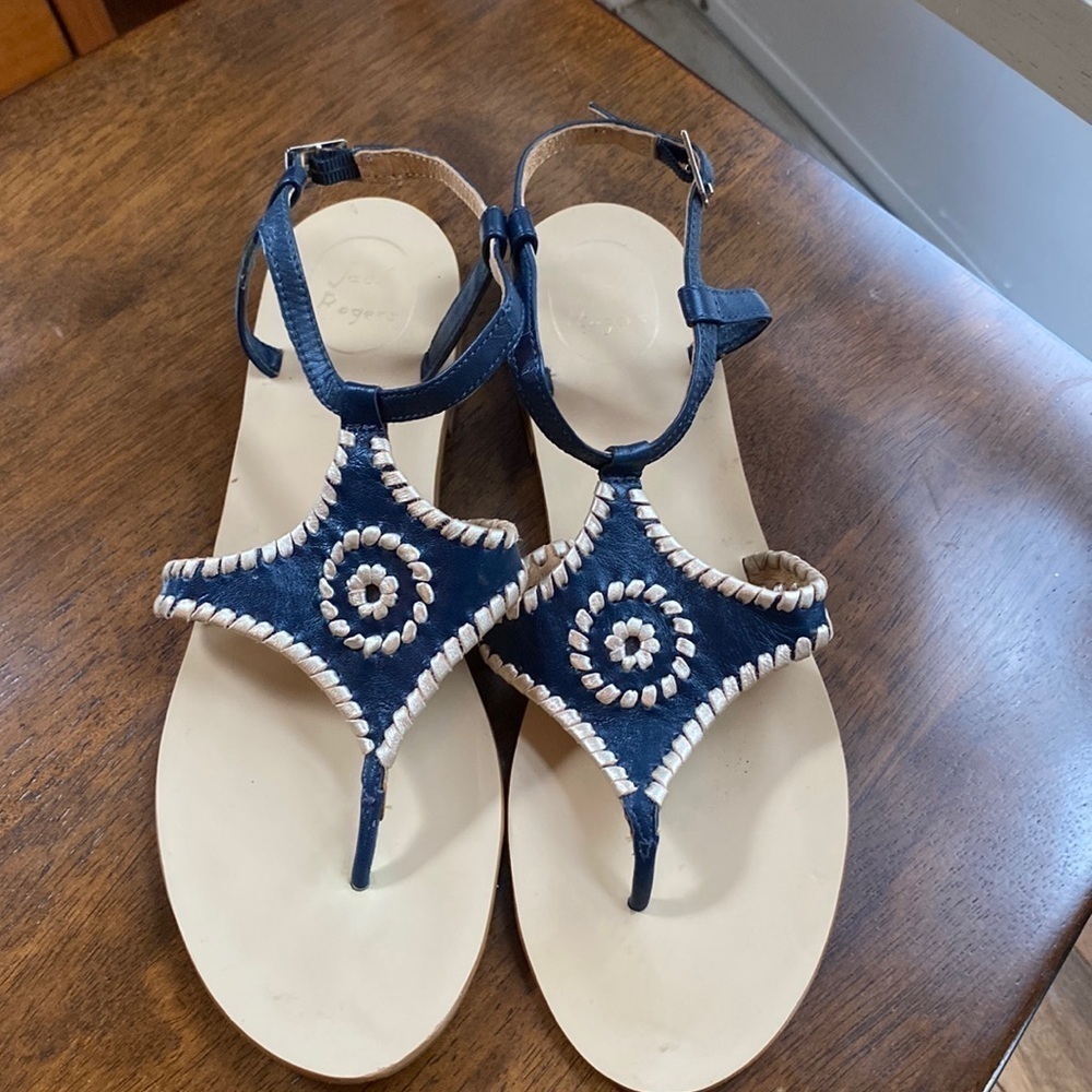 Jack Rogers Size 9.5 Women’s Maci Leather Flat Ankle Strap Sandals Blue & Gold